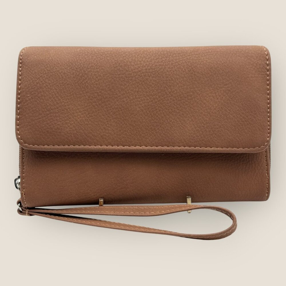 Brown Faux Leather Wallet Wristlet Card Slots Checkbook Zipper Around Snaps